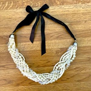 Faux white pearl rhinestone THICK braided necklace twisted black ribbon Sparkly!